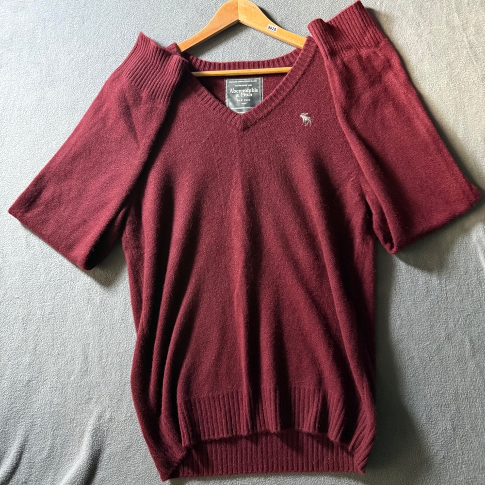 Abercrombie & Fitch Mens XL Cashmere V-Neck Sweater Burgundy Maroon Moose Logo